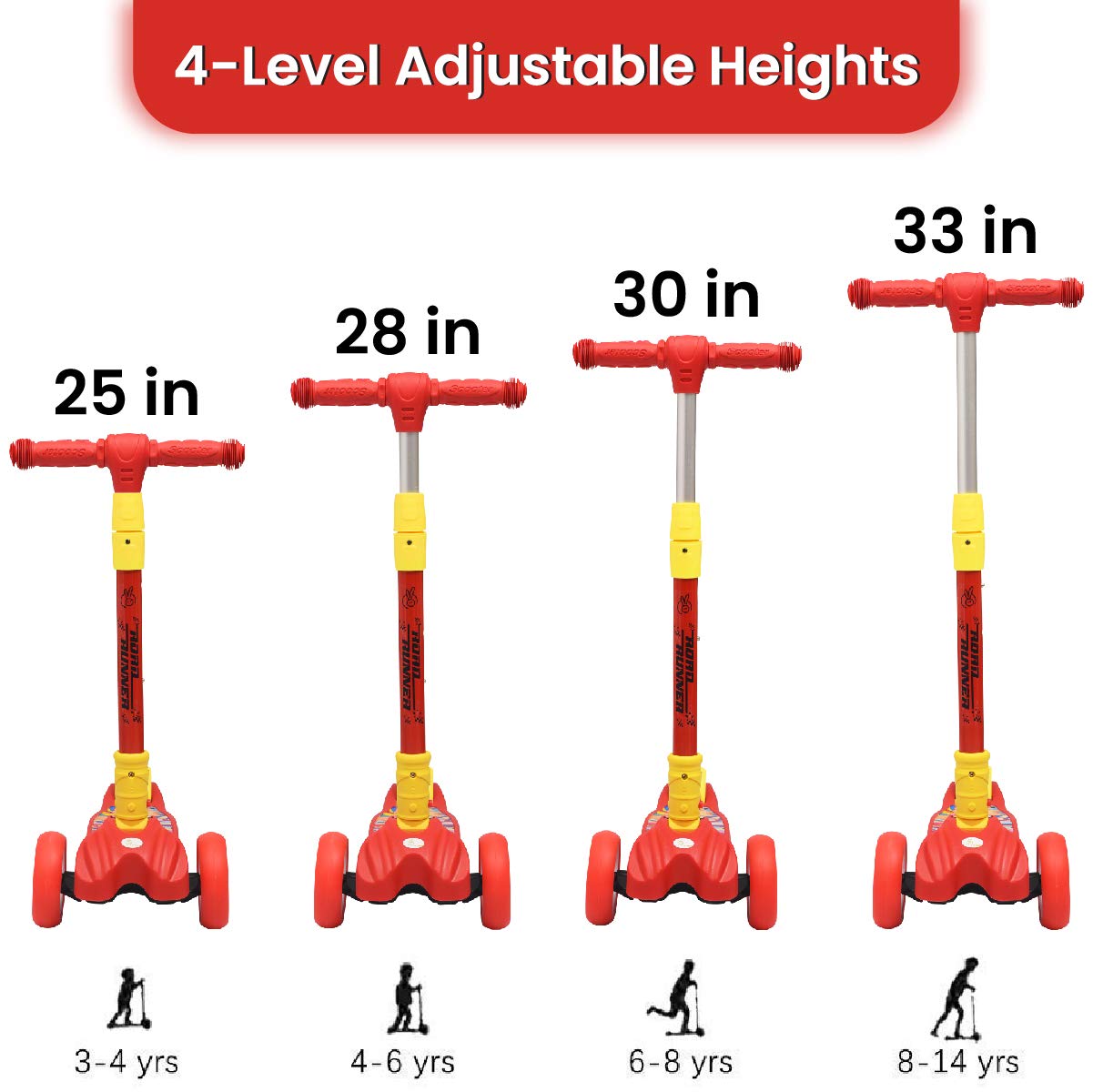 "R for Rabbit Road Runner 3-Wheel Scooter in red, with glowing LED wheels, ridden by a smiling boy. Designed for children aged 3+ years, promoting active play and coordination. www.usmile.toys